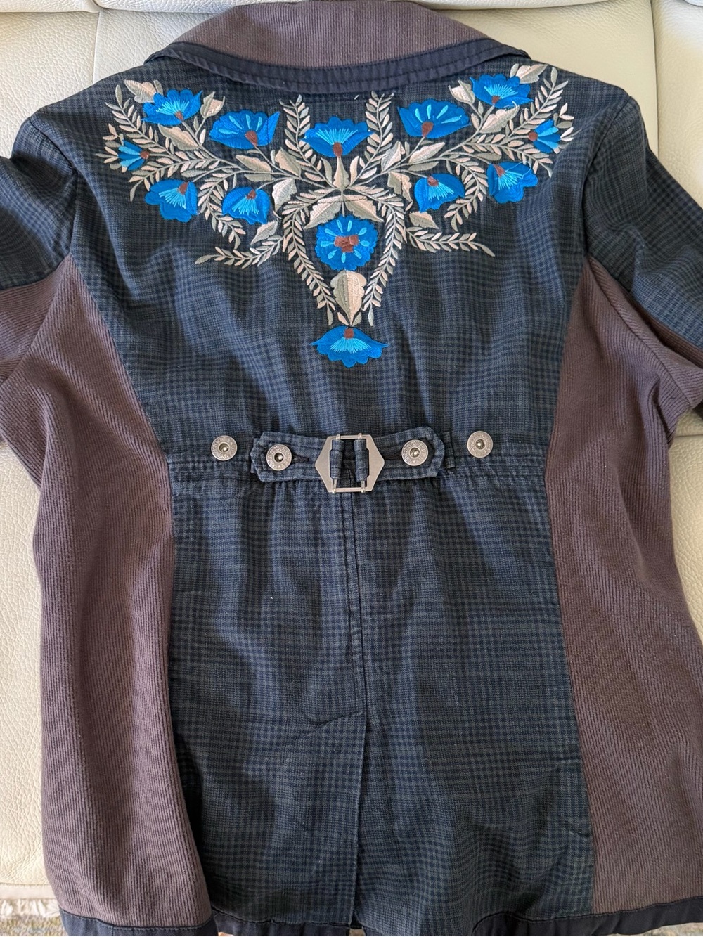 Free People Charcoal Plaid Jacket with Blue Floral Embroidery